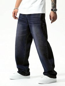 Jean décontracté pour homme en denim délavé foncé, coupe ample et large, taille mi-haute, 100 % coton écologique - Product Image 5