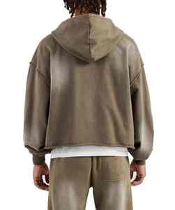 Custom Men's Vintage Patch Embroidery Stripe French Terry Acid Wash Hoodie Set Heavyweight <b>Zip</b>-<b>up</b> Sweatpants for Winter - Product Image 6