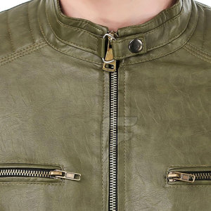 Blouson moto homme en cuir PU vert olive, col montant, fermeture éclair, coupe ajustée, longueur standard, pour l'automne - Product Image 5