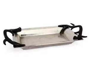 Plateau de service rectangulaire en acier inoxydable poli, durable, à prix abordable, avec poignées latérales et motif nœud - Product Image 4
