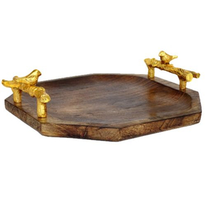 Plateau de service en bois artisanal avec poignées en métal argenté en forme de fleur de soleil, plateau décoratif en bois pour la maison et la restauration - Product Image 5