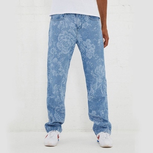 Men's Stonewashed Denim Sweatpants With Wave Print <b>Elastic</b> Waist Drawstring Casual Cotton Pants Summer Style - Product Image 5