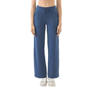 Pantalon large taille haute pour femme, couleur unie, en tricot de coton élasthanne, coupe décontractée, avec cordon de serrage, longueur totale - Product Image 1