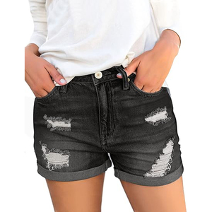 Shorts de mezclilla de cintura alta para mujer, estilo casual, con botones, lavado desgastado y dobladillo deshilachado - Product Image 1