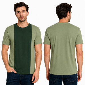 เสื้อยืดคอกลมผู้ชายพรีเมียม แขนสั้น ตัดต่อสีเขียวมะกอกและเขียวเข้ม สไตล์ลำลอง - Product Image 1
