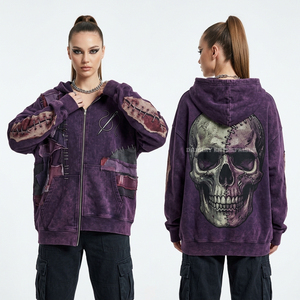 Vente en gros Sweat à capuche zippé pour femme 500GSM violet délavé à l'acide, avec motif crâne patchwork cousu, esthétique Frankenstein et effet vieilli - Product Image 1