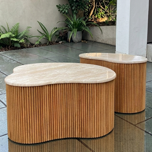 Table basse d'extérieur en teck de qualité supérieure, table gigogne de luxe en marbre, table en pierre à base cannelée moderne pour hôtels et complexes hôteliers (vente en gros) - Product Image 6