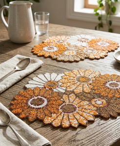 FAIZA CRAFT Set de table ovale fait main avec perles et fleurs, perles de verre, broderie marron, orange, blanc, décoration intérieure - Product Image 4