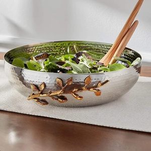 Bol à salade artisanal en acier inoxydable martelé avec poignées en forme de branche dorée, bol de service décoratif pour table à manger et cuisine - Product Image 2