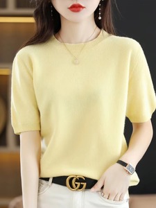 Nueva Camiseta de Punto de Manga Corta para Mujer, Cuello Redondo, Mezcla de Lana y Algodón, Estilo Pullover, Color Sólido, Casual, Primavera Verano - Product Image 4