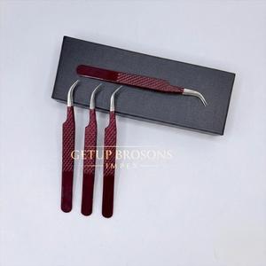 Pince à épiler professionnelle pour extensions de cils, en acier inoxydable, à pointe courbe, avec revêtement en poudre rouge foncé, volume Boot Volume et grip diamanté, instrument de beauté - Product Image 4