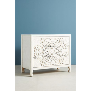 Commode de luxe artisanale en bois massif à 3 tiroirs, ornée de sculptures florales mandala et de motifs Jaali, finition blanc antique. - Product Image 1