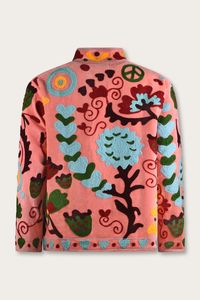 Women's Pink Hand Embroidered Floral Pattern Velvet <b>Mandarin</b> <b>Collar</b> Varsity <b>Jacket</b> Breathable Autumn Outerwear 100% Cotton - Product Image 4
