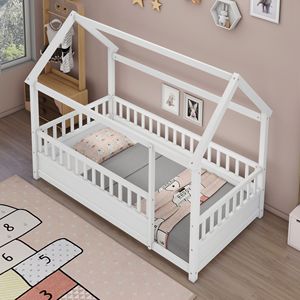 Letto a castello singolo in legno bianco con tetto a casetta e sponde di sicurezza per bambini - Product Image 3
