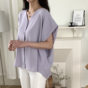 Camicetta Estiva da Donna Stile Coreano, Taglie Forti, Scollo a V, Maniche a Palloncino Corte, Tessuto in Poliestere Rinfrescante, Vestibilità Comoda - Product Image 1