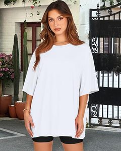 T-shirt décontracté pour femme en jersey de coton blanc à col rond, manches courtes, coupe ample, couleur unie, respirant - Product Image 2