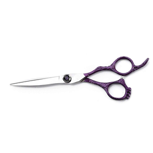 Tijeras de barbero de acero inoxidable con acabado espejo, mango de color púrpura, para diestros, para uso profesional. - Product Image 2