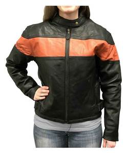 Veste en cuir pour femme, noire et orange, à blocs de couleur, manches longues, fermeture éclair sur le devant, toutes saisons, style motard - Product Image 4