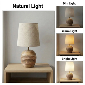 Modern Wooden <b>Table</b> Lamp with Beige Linen Shade Round <b>Minimalist</b> Design Handmade Decorative Light for Bedroom Nightstand - Product Image 3