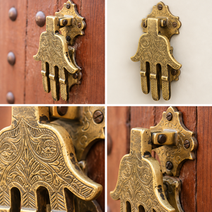 Timbre de puerta Hamsa Heritage en tono dorado grabado con intrincados detalles y placa trasera ornamental, herrajes decorativos - Product Image 6