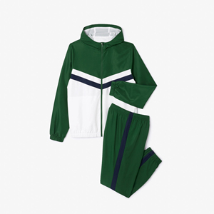 Ensemble de survêtement à capuche pour homme, vert et blanc, avec blocs de couleur, manches longues, fermeture éclair, style sportif décontracté, respirant, en polyester, pour l'automne - Product Image 2