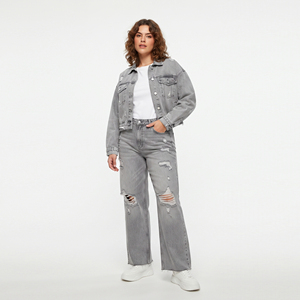 Custom <b>Denim</b> <b>Crop</b> Tracksuit Manufacturer Jeans Two Piece Streetwear High Quality Acid Wash <b>Denim</b> <b>Jacket</b> and Baggy Jeans - Product Image 6