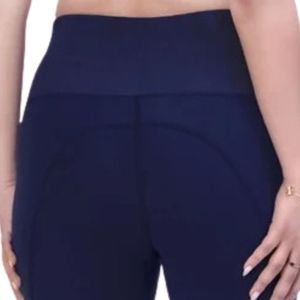Women's <b>Navy</b> Blue High Waist Full Length Leggings Slim Fit Stretch Pants Wide Waistband Casual Yoga Workout Trousers - Product Image 4