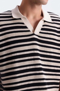 Men's <b>Striped</b> Knitted Polo <b>Shirt</b> Short Sleeve Casual Regular Fit <b>Black</b> <b>White</b> - Product Image 4