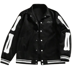 Black Woolen Varsity <b>Jacket</b> Unisex Mandarin Collar Hooded Winter Streetwear College Baseball Outerwear 100% Cotton Heavy Front - Product Image 1