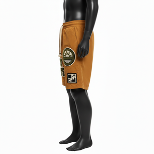 Shorts de Mujer en Nylon y Spandex Suave de 220 GSM, Color Camel Marrón, con Panel de Parche y Logotipo Personalizado por Transferencia Térmica - Product Image 3