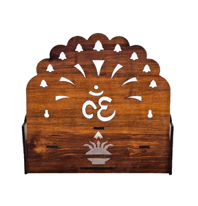 Handcrafted Wooden Pooja <b>Mandir</b> with OM Symbol & Kalash Cutwork Design – Scalloped Crown Temple Shelf | 28x20x29cm - Product Image 6