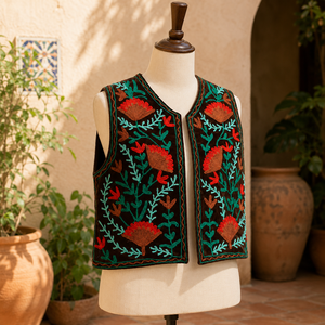 Gilet en velours brodé Suzani fait main pour femme, motif floral ethnique, sans manches, style bohème, veste artisanale doublée en coton, manteau vintage - Product Image 3