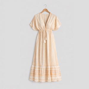 Robe maxi décontractée pour femmes en coton et viscose, imprimé bohème, à franges, respirante, col en V, manches courtes, printemps été plage - Product Image 1