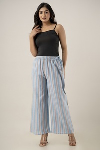 Light Blue Khadi Cotton Yarn Dyed Striped Wide Leg Palazzo Pants Women Casual <b>Summer</b> <b>Trousers</b> with Drawstring - Product Image 1