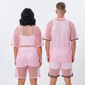 Conjunto de camiseta y pantalones cortos de malla transparente unisex, lencería sexy con aberturas, conjunto de pantalones cortos ligeros de moda para verano - Product Image 2