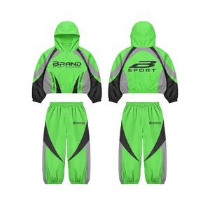 Bright Green Windbreaker Tracksuit Set | Oversized <b>Zip</b> Hooded Jacket & Pants | Streetwear Matching Set OEM Private Label - Product Image 1