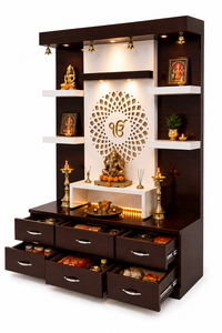 Glossy Finish Hand Carved <b>Mandir</b> For Pooja Room IkOnkar Design Modern Teak Wood Temple Sikh Religious Brown Wooden Pooja Cabinet - Product Image 4