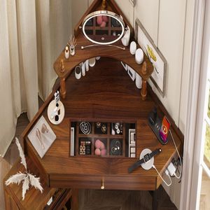 Corner <b>Makeup</b> <b>Vanity</b> Desk Set with Storage Cushioned Stool & Charging Station Triangle Removable Pull-out Side Cab - Product Image 2