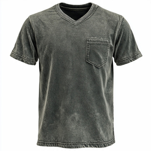 T-shirt décontracté pour homme en jersey 100 % coton délavé, col en V, manches courtes, couleur unie, avec poche avant, coupe classique - Product Image 1