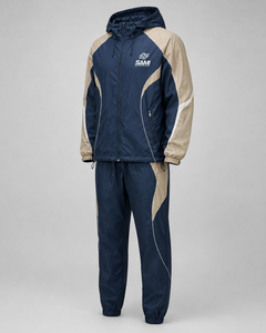 Conjunto Deportivo de Hombre con Capucha, Estilo Waffle, 100% Poliéster, Color Azul Marino y Beige, Chaqueta Deportiva con Cierre Completo y Pantalones, Ropa de Invierno - Product Image 4