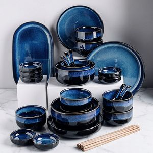 Luxury Nordic Starry Blue Reactive Glaze Ceramic Dinnerware <b>Set</b> Vintage Porcelain Cup Kit Oven Safe Dishwasher Safe <b>Restaurant</b> - Product Image 3