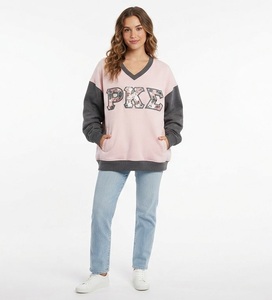 <b>Pink</b> V-Neck Oversized <b>Sweatshirt</b> With Greek Letters PKE Floral Print Long Sleeve Women's Autumn Wear - Product Image 1