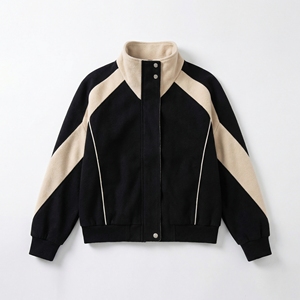 เสื้อแจ็คเก็ตสีดำเบจตัดต่อสีต่างกัน |   เสื้อแจ็คเก็ตบอมเบอร์คอขนแกะติดกระดุมแป๊ก |   เสื้อโค้ทสตรีทแวร์ทรงโอเวอร์ไซส์ |   ผู้ผลิต OEM ตามสั่ง - Product Image 1