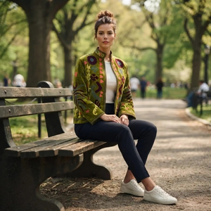 Chaqueta Acolchada Gruesa de Invierno para Mujer, Verde, Tejida, Bordada con Flores, Cuello Mandarín, Manga Larga - Product Image 2