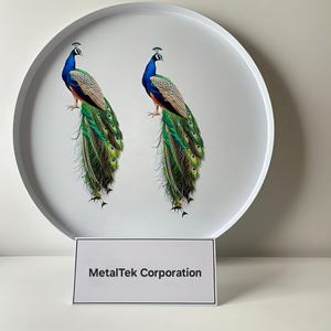 Paire de paons faits à la main plateau en métal imprimé durable élégant écologique décor à la maison pour servir affichage cadeaux plateaux Pichwai modernes - Product Image 6