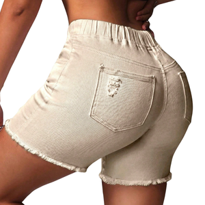 Womens Casual Beige Denim Shorts <b>Elastic</b> Mid <b>Waist</b> Skinny Fit Drawstring Ripped Distressed Raw Hem Streetwear Fashion <b>Jeans</b> - Product Image 4