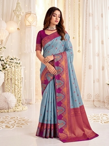 Sari Tradicional de Seda Azul Púrpura con Motivo de Elefante para Mujer, Estilo Indio-Pakistaní, Protección Solar, para Bodas y Playa - Product Image 3