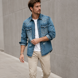 Chemise en jean de coton à manches longues pour homme, qualité supérieure, fabriquée en usine, respirante, écologique, infroissable, style formel/décontracté, toutes tailles - Product Image 4