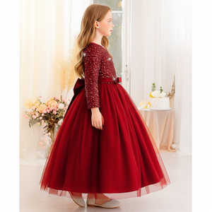 Vestido de Princesa de Terciopelo Rojo Premium con Lentejuelas Bordadas y Cuello en V para Niñas, Vestido de Fiesta, Venta al Por Mayor, OEM, ODM - Product Image 4