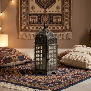 Artisan Design Moroccan Iron and <b>Glass</b> <b>Lantern</b> Candle Holder with Floral Cutouts and Arched Panels for Home Decoration - Product Image 1